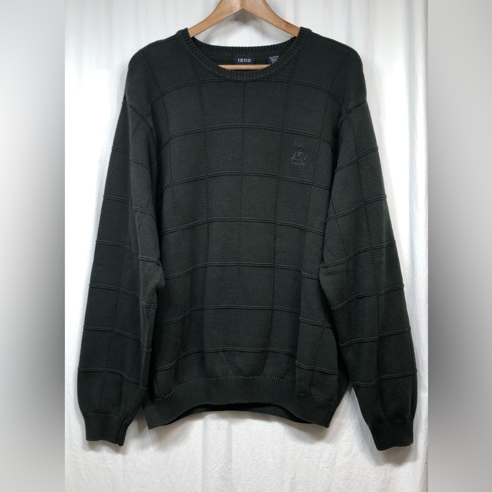 IZOD Sweater Mens XXL Green Windowpane Crew Neck Cotton
